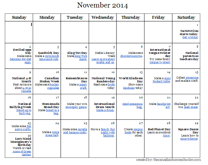November Activity-A-Day Calendar