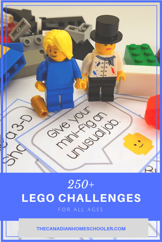 Minifigures and Brick blocks showing  text that reads LEGO Challenges Cards - 250 LEGO challenges for kids