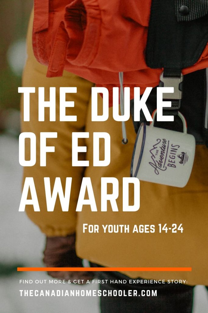 A picture of a person's back with a camping backpack and a mug about adventure with the text overlay of The Duke of Ed Award