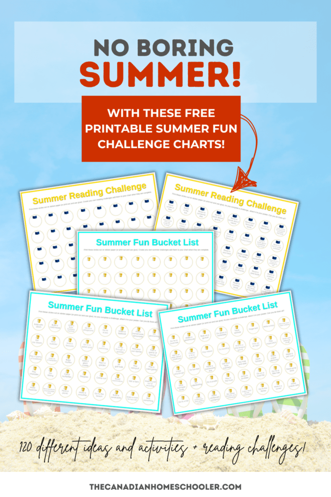a background image of flipflops on a beach with images of the printable summer activities and summer reading charts on the front with "No More Boring Summer" text as a title.