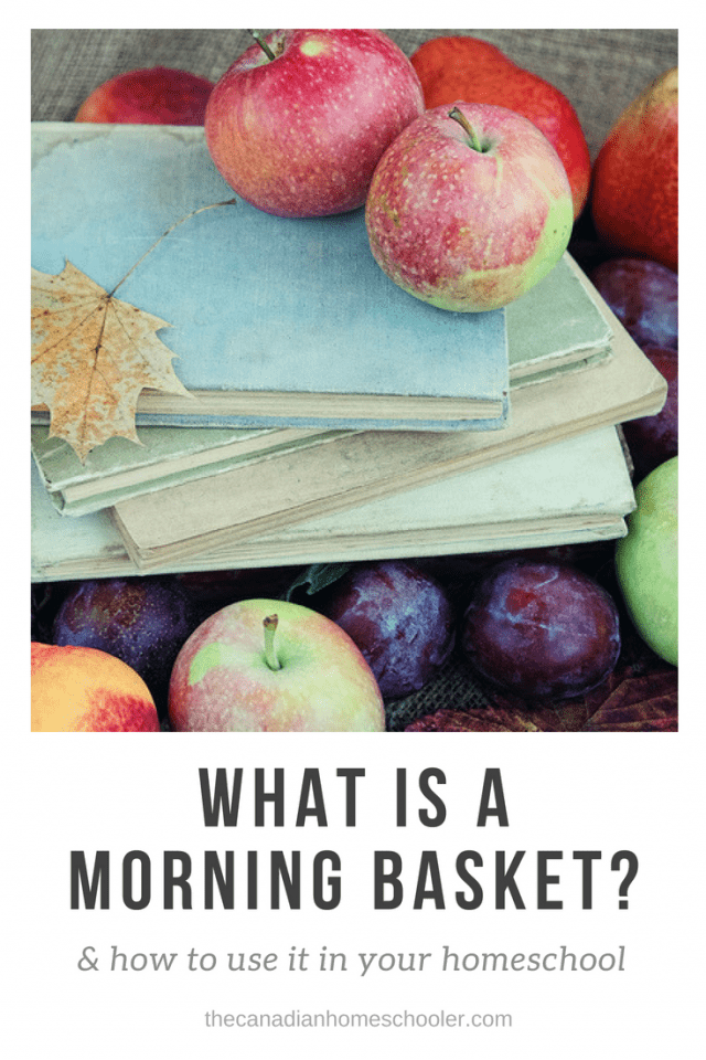 Image of apples and books with text "what is a morning basket" 
