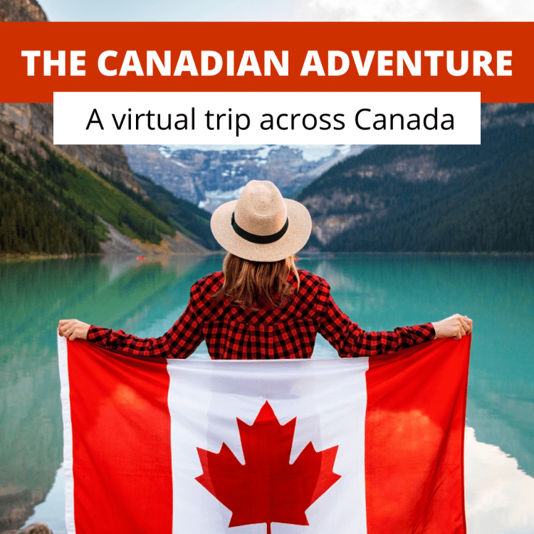 Woman standing at the Lake holding an open Canada Flag to promote The Canadian Adventure: A Virtual Trip Across Canada