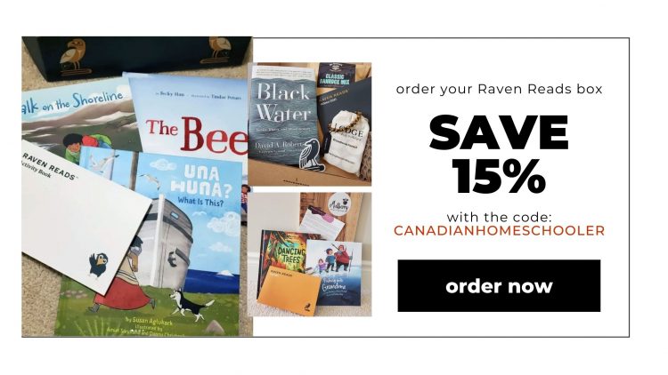 Special offer image with pictures of book bundles. Save 15% on your Raven Reads order with the code: CANADIANHOMESCHOOLER