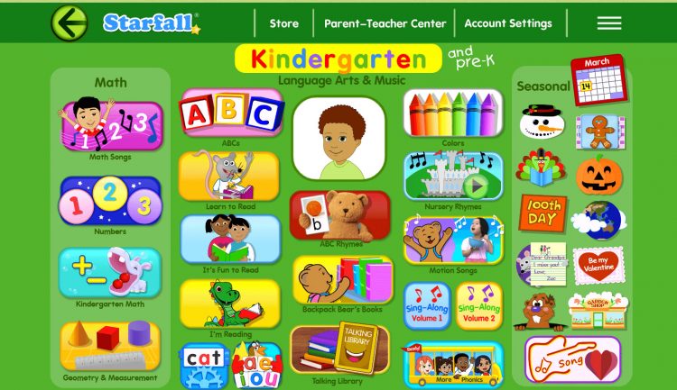 A screenshot of the Starfall Kindergarten screen.
