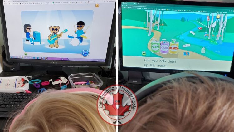 Images of children from behind their head as they use the website. One is watching a teddy bear play an electric guitar and the other is playing a game to sort garbage into the proper bins. 