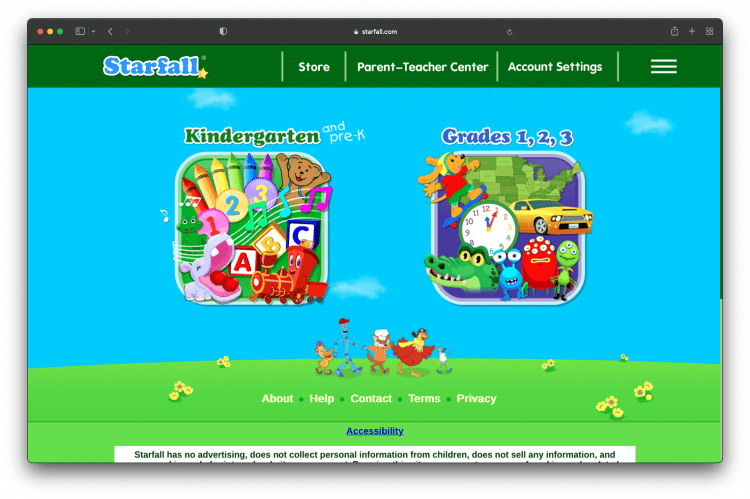 The home page of starfall.com showing large buttons with cartoon illustrations for both Kindergarten and Grades 1,2,& 3. 