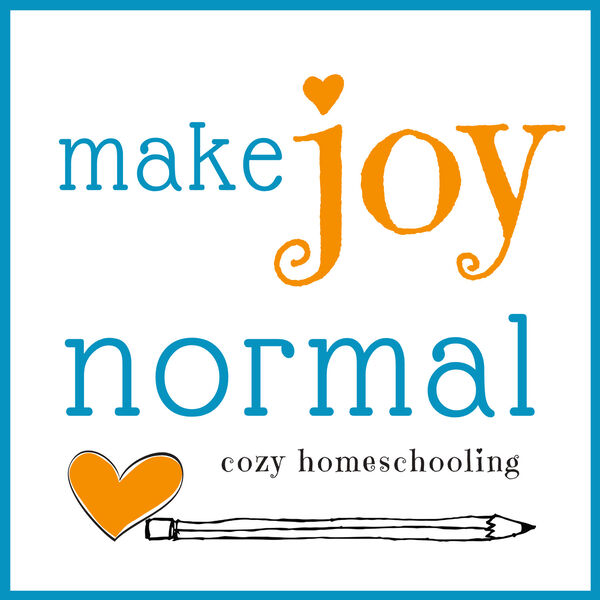 Make joy normal cozy homeschooling logo with a small orange heart and a sketch of a pencil