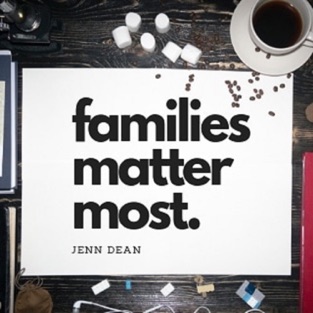 A desk with some miscellaneous objects and a cup of coffee along with a while paper which reads families matter most jenn dean