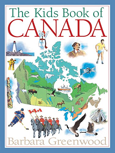 An image of the cover from the book The Kids Book of Canada which includes illustrations of various people and landmards of Canada - like bonhomme, Terry Fox, a  Canada Goose, and Inukshuk, etc overtop of a green Canada map.