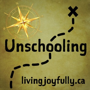an image similar to a treasure map with dotted lines and an x with a golden compass. there is text that reads Unschooling and the URL livingjoyfully.ca