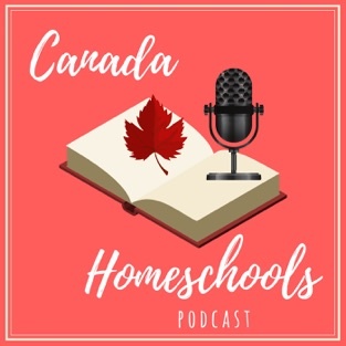 Canada Homeschools Podcast logo - illustration of book, microphone, and maple leaf on a light red background