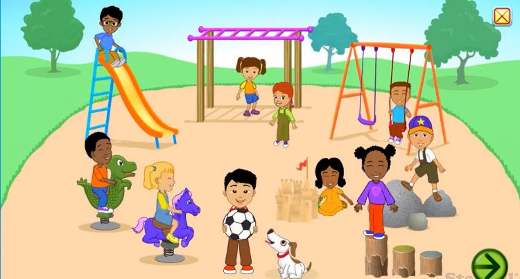 A screenshot of a moment at the end of a song on Starfall.com featuring 10 diverse cartoon kids playing on a playground.