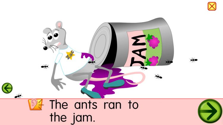 A screenshot of a section of the story Zac the Rat. In the image, there is a cartoon rat laying on the floor beside a can. The can is leaking jam so ants are crawling all over the screen to get to the jam.