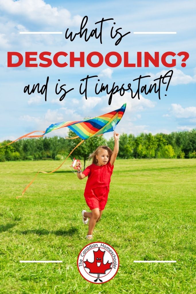 Little girl flying a rainbow coloured kite with the text "What is Deschooling and is it important" overlaid on it.