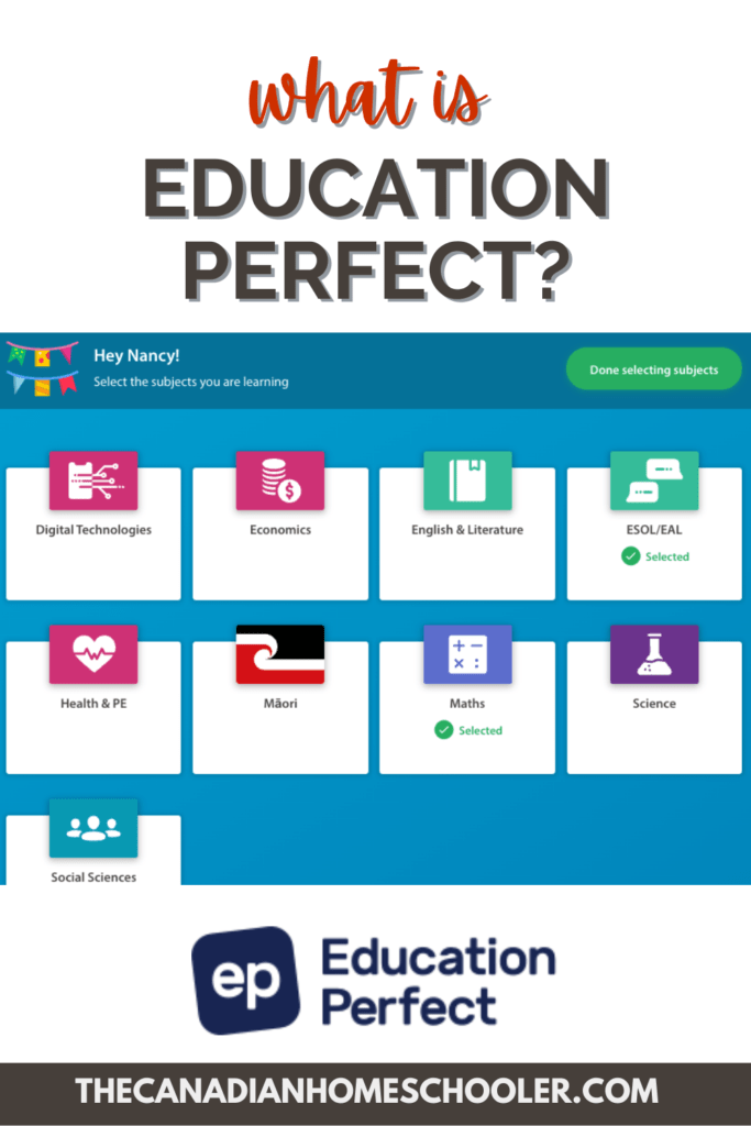 Image is a screenshot of the Education Perfect course selection dashboard with text overlay asking "What is Education Perfect"