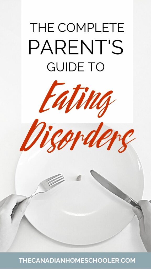 An image of a fork and knife being held over plate with only a tiny piece of food on it with the text "A complete parent's guide to eating disorders."