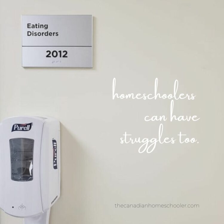 Image of a sign on a wall that reads "Eating Disorders" over a hand sanitizer machine and the text "homeschoolers can have struggles too."