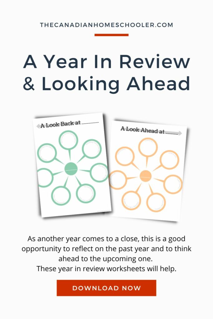 Image of the worksheets with text explaining that it's a set of year in review and looking ahead pages for new years
