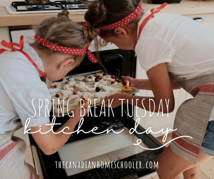 image of two girls putting cookies in the over wtih words "Spring Break Kitchen Day" overtop