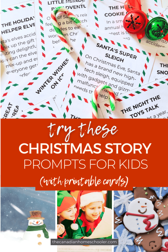 A picture of the printable Christmas story prompts cards and some other Christmas-y images