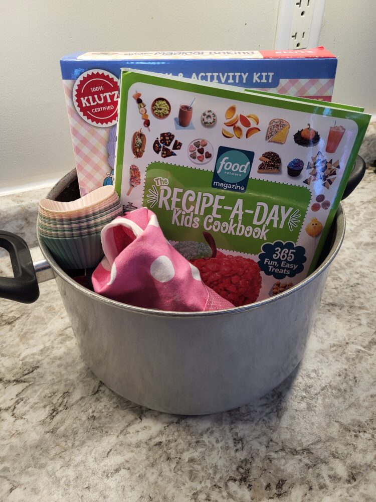 Cooking themed Personalized Gift basket based on the book "Recipe-A-Day Kids Cookbook" from the Food Network.