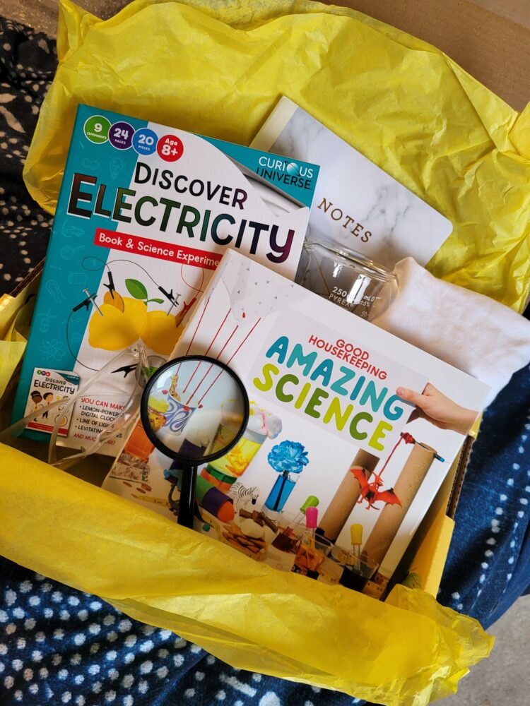 A Personalized Gift box of science themed items based on the book "Amazing Science" by Good Housekeeping