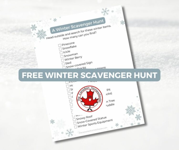 image of a winter scavenger hunt printable worksheet on a background of snow