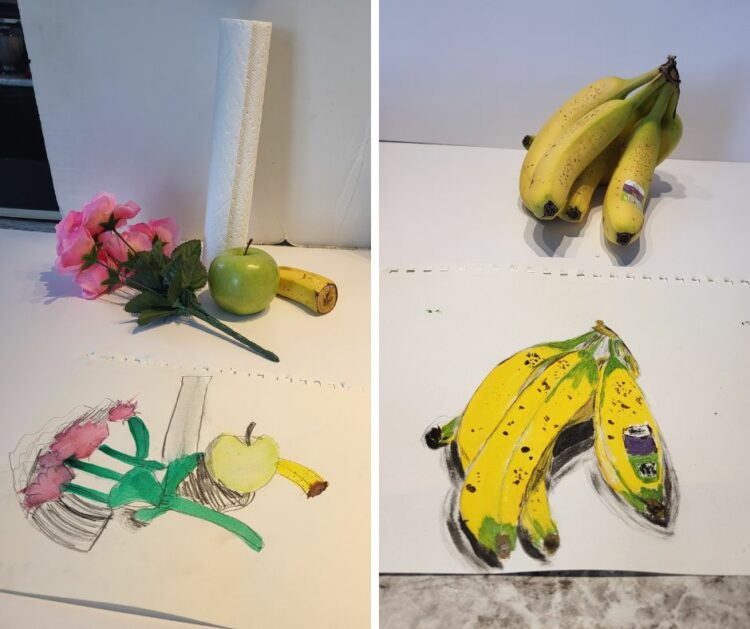 Still life painting attempts - one featuring bananas, the other with an apple and flowers. 