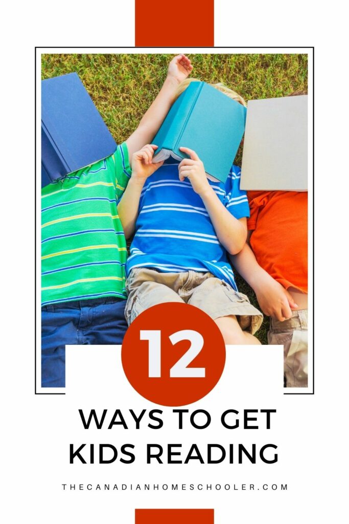 3 boys lying the grass with books on their faces with text underneath that reads "12 Ways to Get Kids Reading." 
