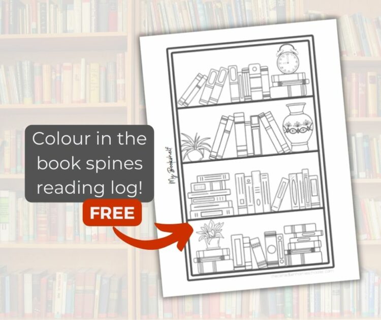 Image of a colouring page with a bookshelf to download and use as a reading log to encourage kids to get reading