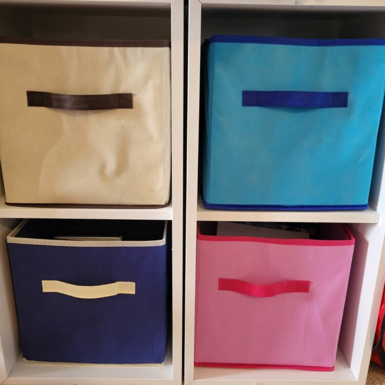 Square shelves with colourful fabric bins