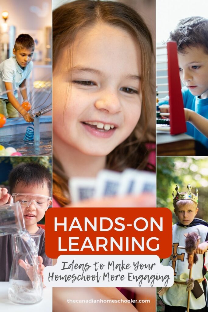 collage of kids doing different hands -on learning activities - like playing cards, using an abacus, pouring water into a beaker, and dressing up like a medieval king.