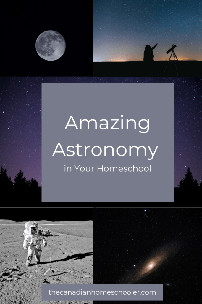 Main image for the post containing photos of the moon, stars, an astronaut, the night sky, and someone looking at the sky with a telescope. 