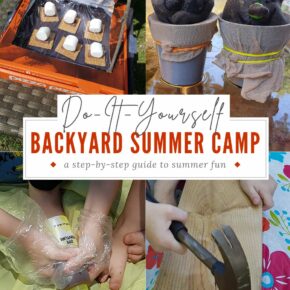 4 images of different kid activities in the backyard - a solar oven, homemade chia pots, tye-dying, and hammering nails