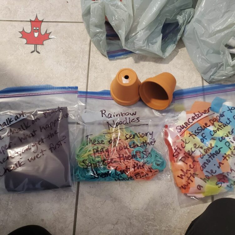 Image of 3 ziploc bags with craft supplies and instructions sharpied to the front for our community backyard summer camp. 