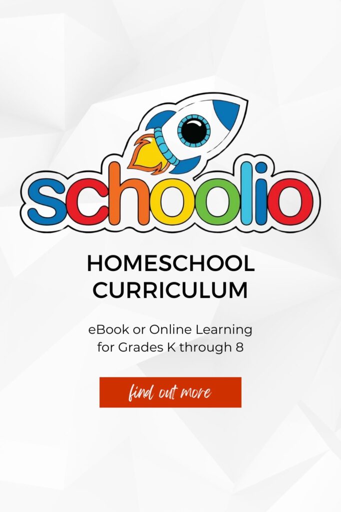 schoolio's logo with text "Homeschool Curriculum: ebook or online learning for grades K through 8. Find out more"
